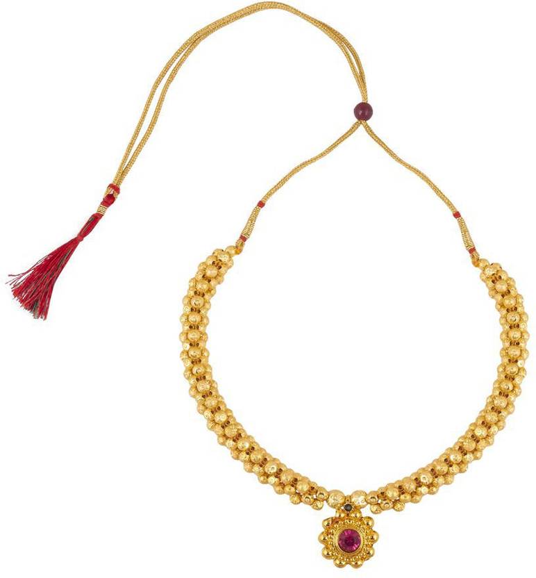 Traditional Wedding Maharashtrian Kolhapuri Thushi ( Choker ) Necklace Set Jewellery for Women and Girls Pearl, Cubic Zirconia Gold-plated Plated Copper Necklace