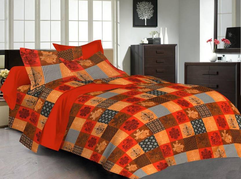 SPANGLE Microfiber Double Flat 144 TC Printed 1 Bedsheet with 2 Pillow Covers