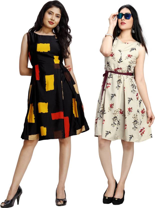 Women Fit and Flare Black, Gold Dress