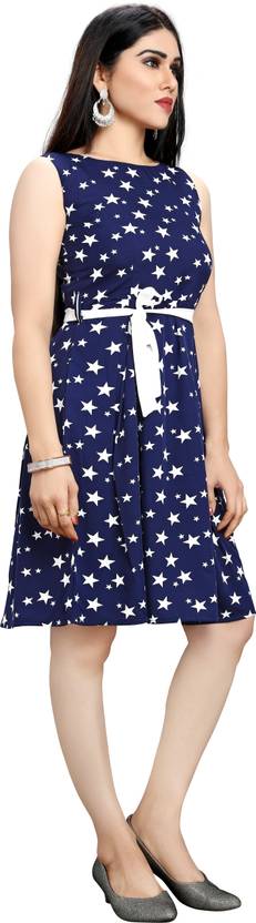 Women Fit and Flare Red, Dark Blue Dress