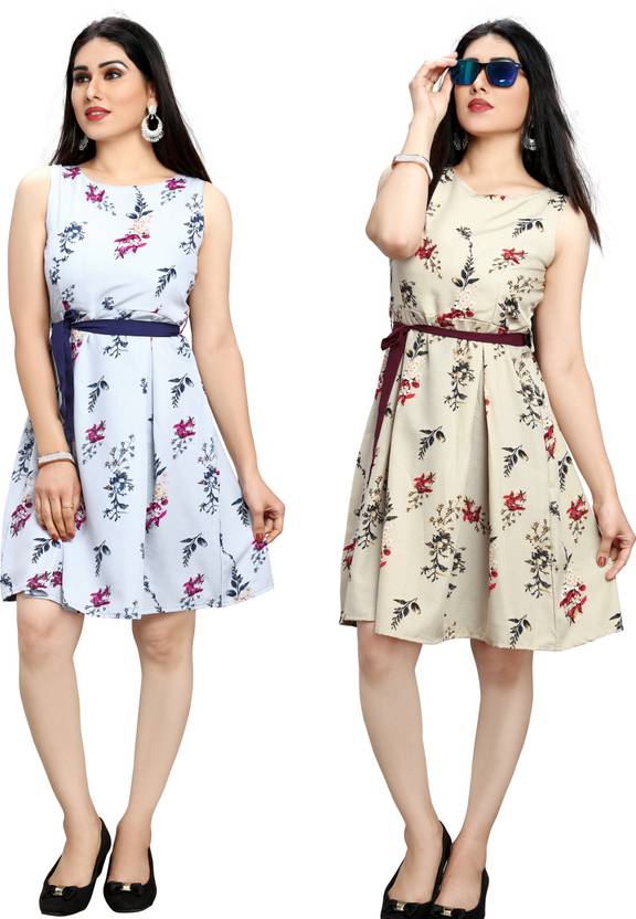 Women Fit and Flare Light Blue, Gold Dress