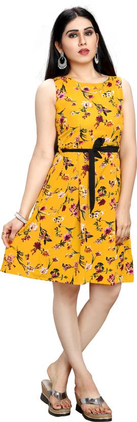 Women Fit and Flare Dark Blue, Yellow Dress