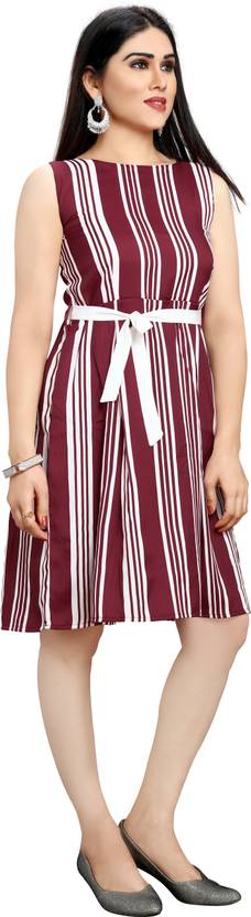 Women Fit and Flare Red, Dark Blue Dress