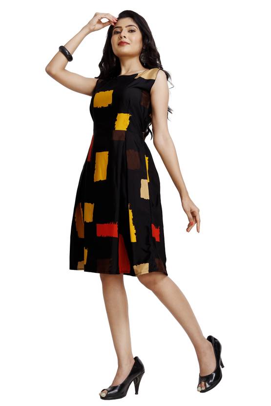 Women Fit and Flare Black, Gold Dress