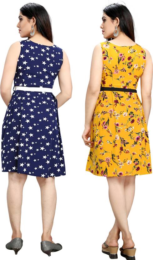 Women Fit and Flare Dark Blue, Yellow Dress