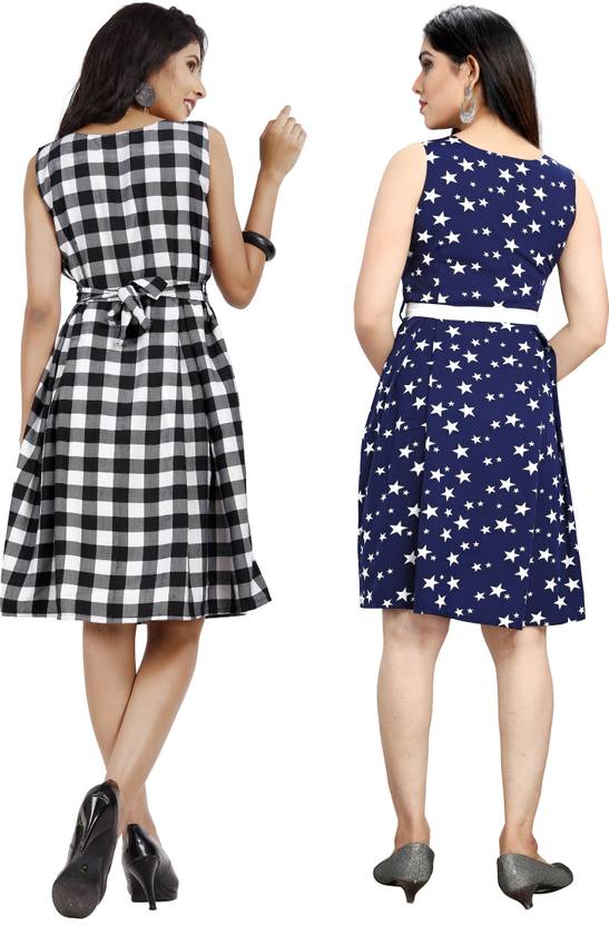 Women Fit and Flare Black, Dark Blue Dress