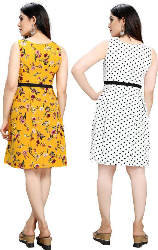 Women Fit and Flare White, Yellow Dress