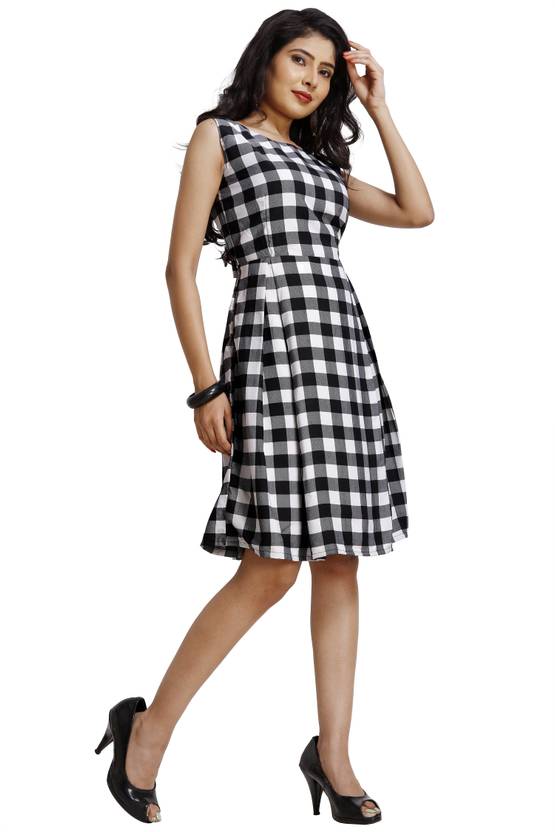 Women Fit and Flare White, Black Dress