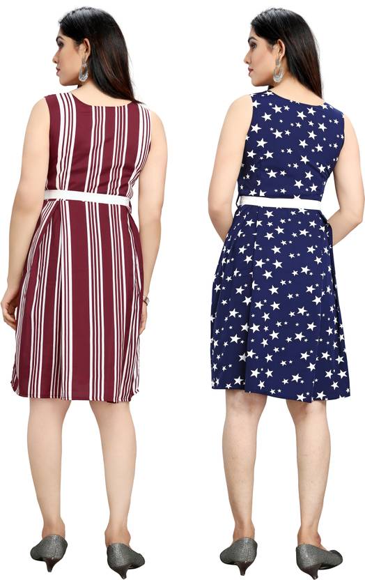 Women Fit and Flare Red, Dark Blue Dress