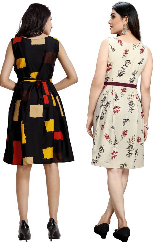 Women Fit and Flare Black, Gold Dress