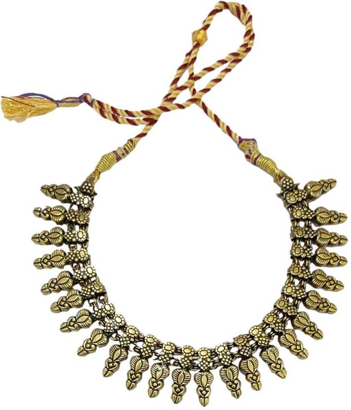 Necklace Matte finish gold with Golden Red drawstring ethnic Collar choker Festival Heart Design Beads Women Fashion Jewellery Brass Necklace