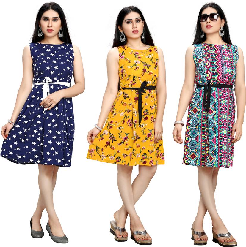 Women Fit and Flare Dark Blue, Yellow Dress