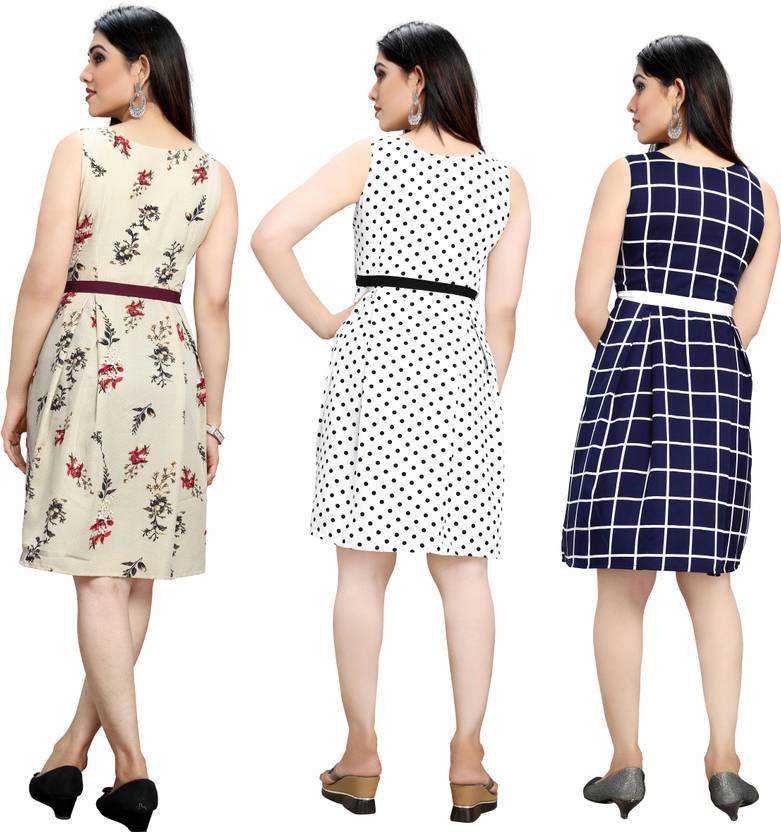 Women Fit and Flare White, Dark Blue Dress