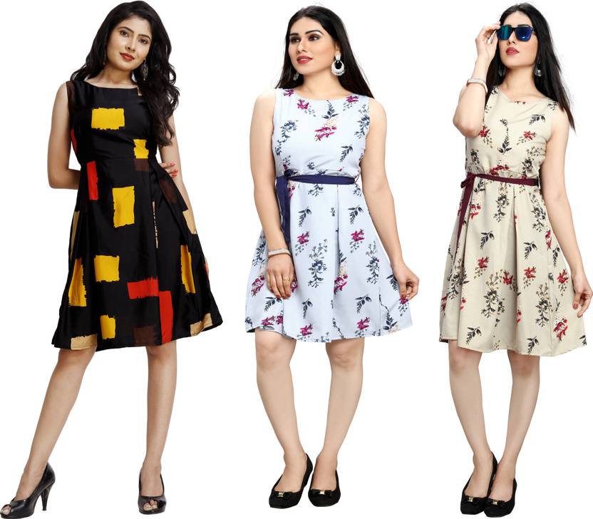 Women Fit and Flare Light Blue, Gold Dress