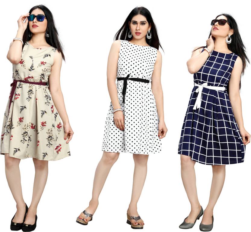 Women Fit and Flare White, Dark Blue Dress