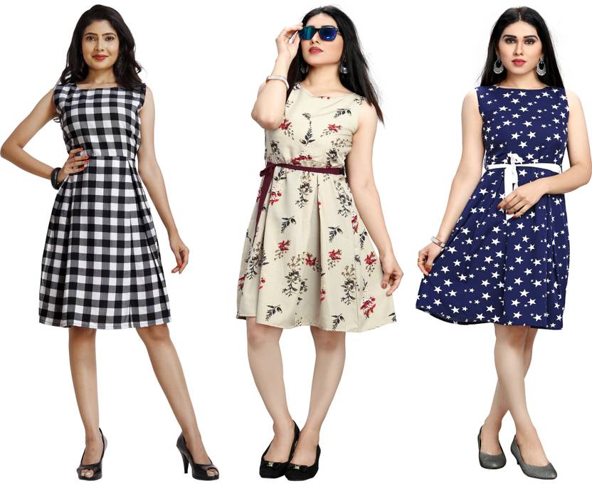 Women Fit and Flare Dark Blue, Gold Dress