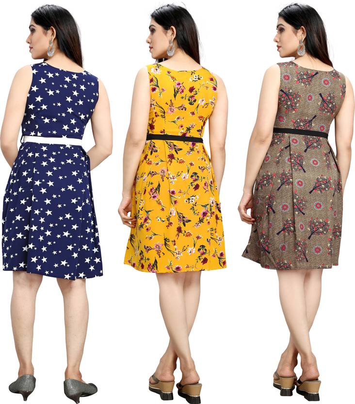 Women Fit and Flare Dark Blue, Brown Dress