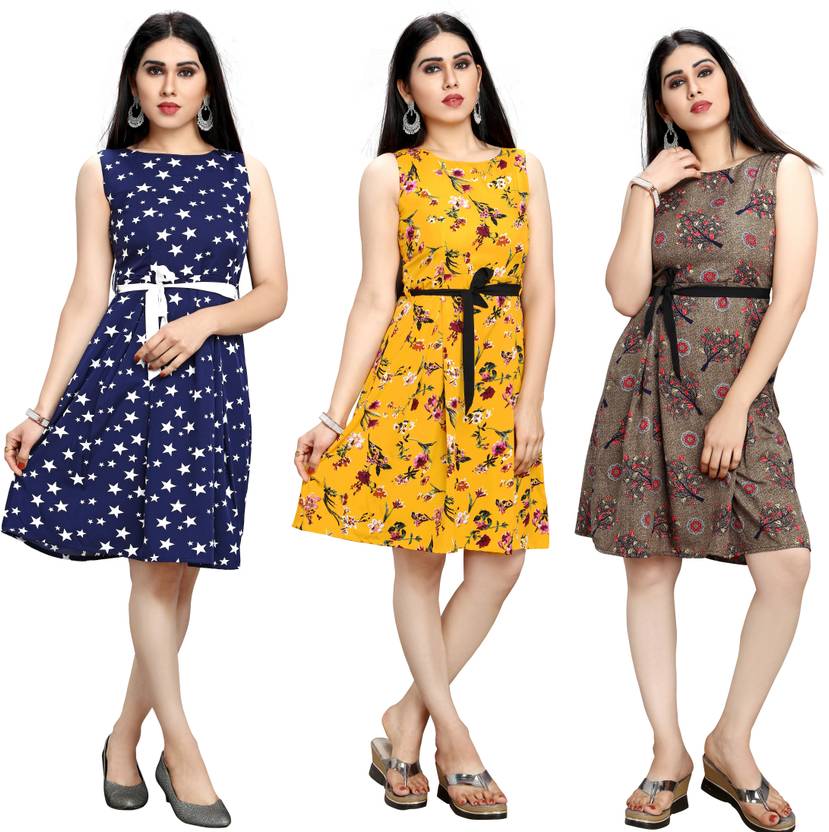 Women Fit and Flare Dark Blue, Brown Dress