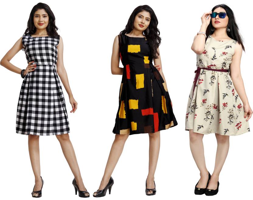 Women Fit and Flare White, Gold Dress