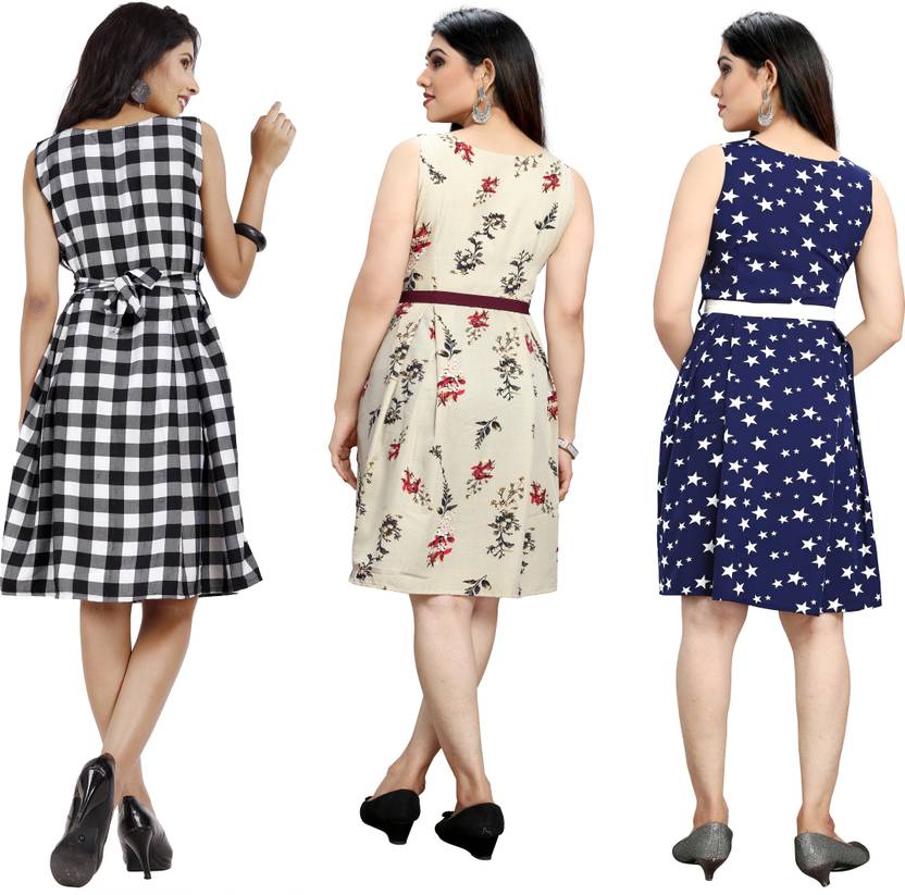 Women Fit and Flare Dark Blue, Gold Dress