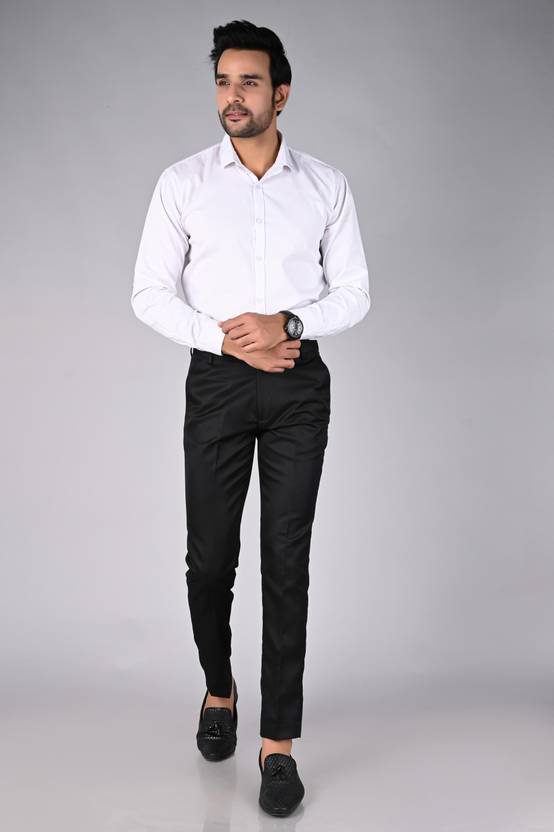 Men Regular Fit Black Cotton Blend Trousers