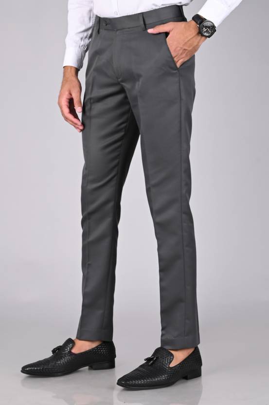 Men Regular Fit Grey Cotton Blend Trousers