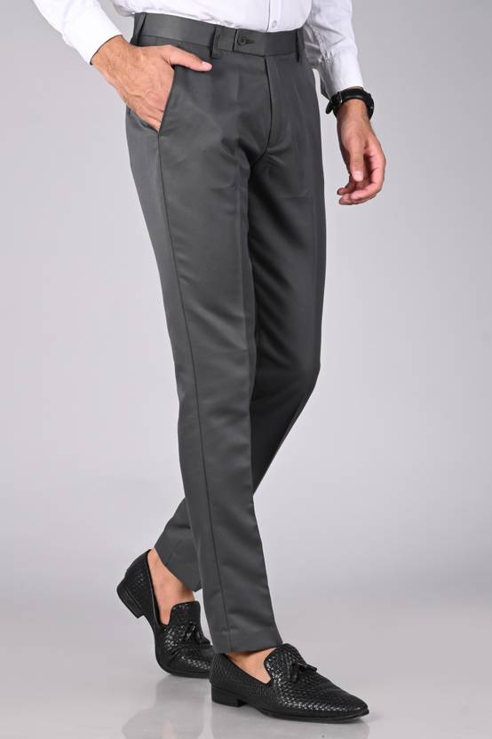 Men Regular Fit Grey Cotton Blend Trousers