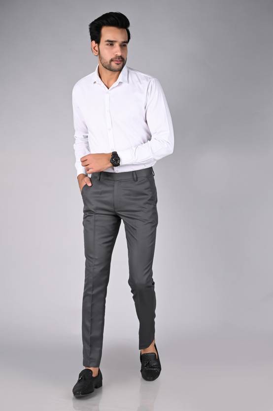 Men Regular Fit Grey Cotton Blend Trousers