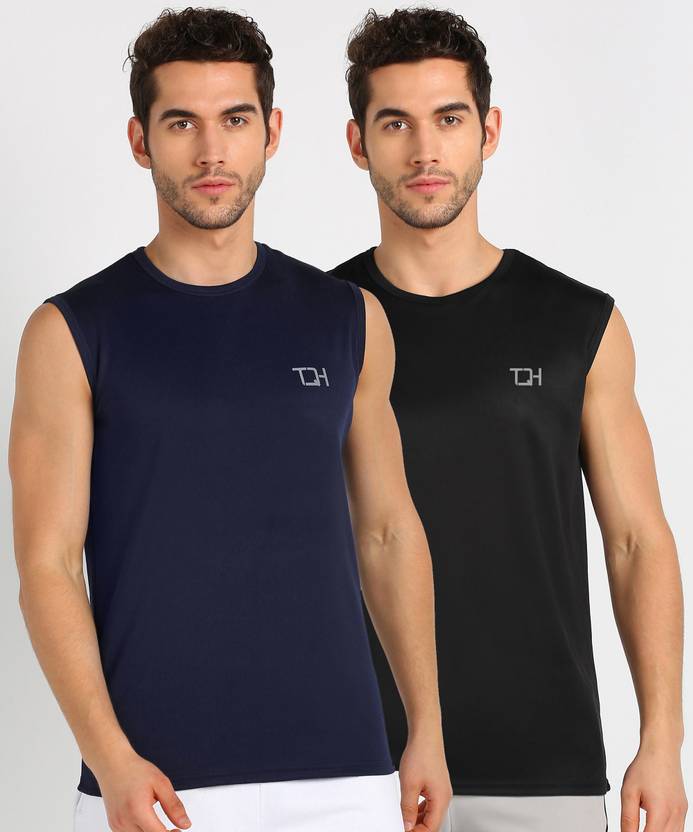 TQH Pack of 2 Men Solid Round Neck Polyester Dark Blue, Black T-Shirt