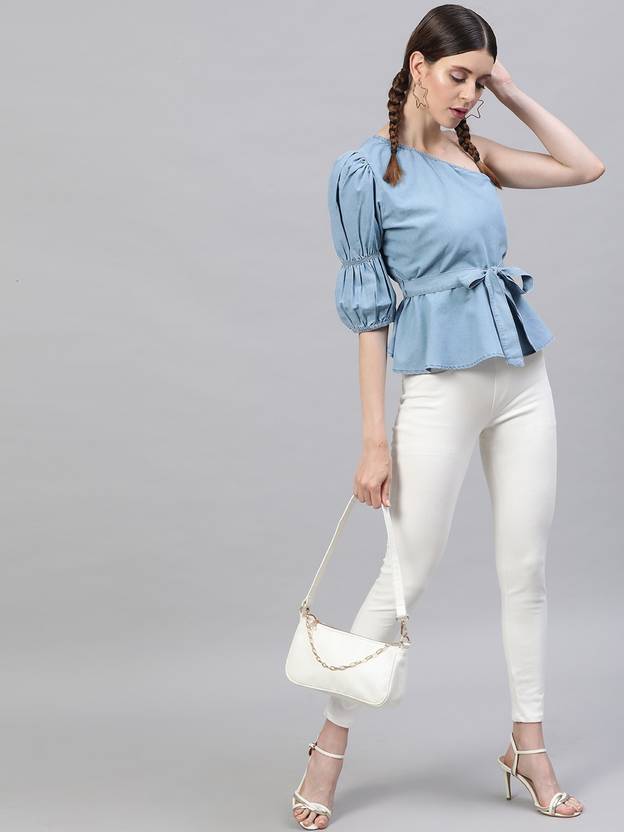 STREET9 Casual One Shoulder Sleeves Solid Women Blue Top