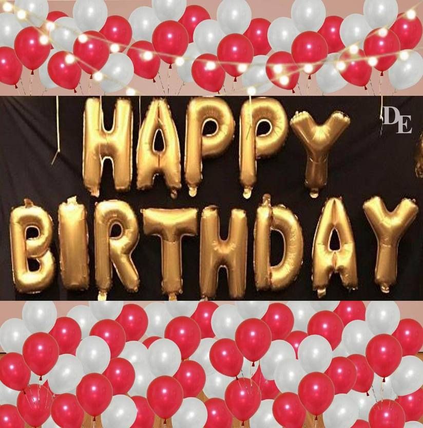 Devansh enterprises Solid Golden Happy Birthday Foil Balloons With Red White Large Balloons(Pack Of 43) Balloon