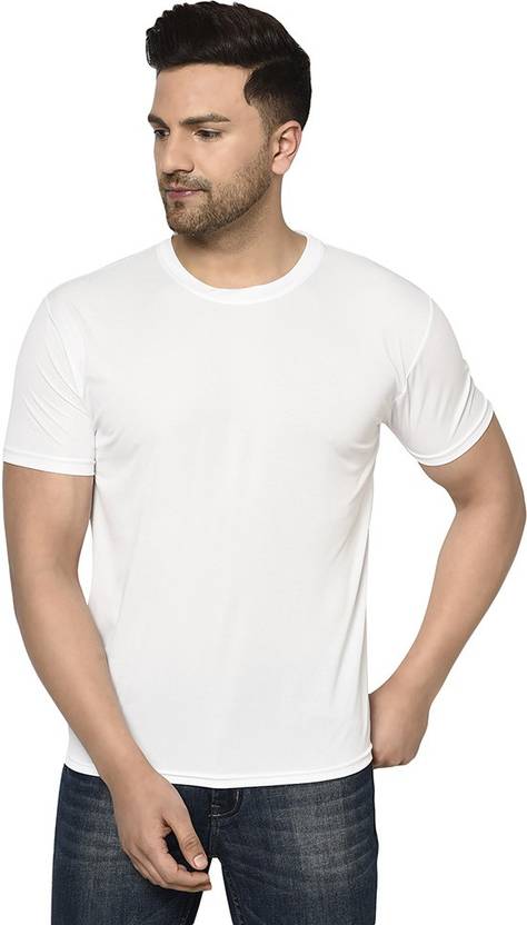 [Sizes ] InkTees Men Solid Round Neck Polyester White T-Shirt