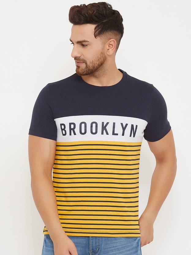 Austin Wood Men Striped Round Neck Cotton Blend Yellow T-Shirt