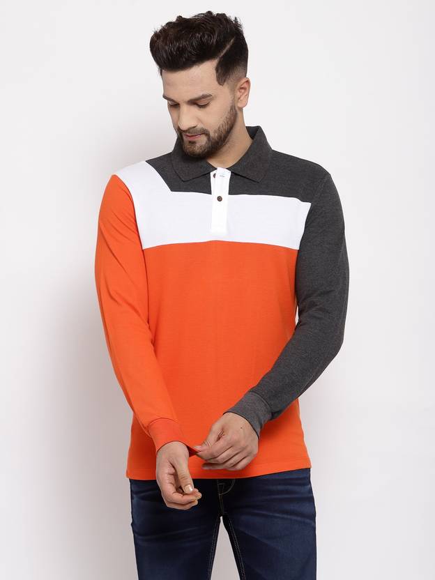 KALT Colorblock Men Polo Neck Orange T-Shirt