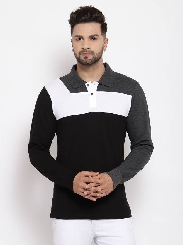 KALT Colorblock Men Polo Neck Black T-Shirt
