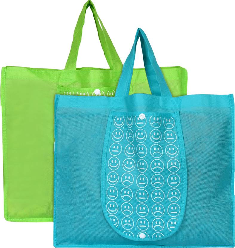 KUBER INDUSTRIES Shopping Grocery Bags Foldable, Washable Grocery Tote Bag with One Small Pocket, Eco-Friendly Purse Bag Fits in Pocket Waterproof & Lightweight (Set Of 2,Green & Blue) Pack of 2 Grocery Bags