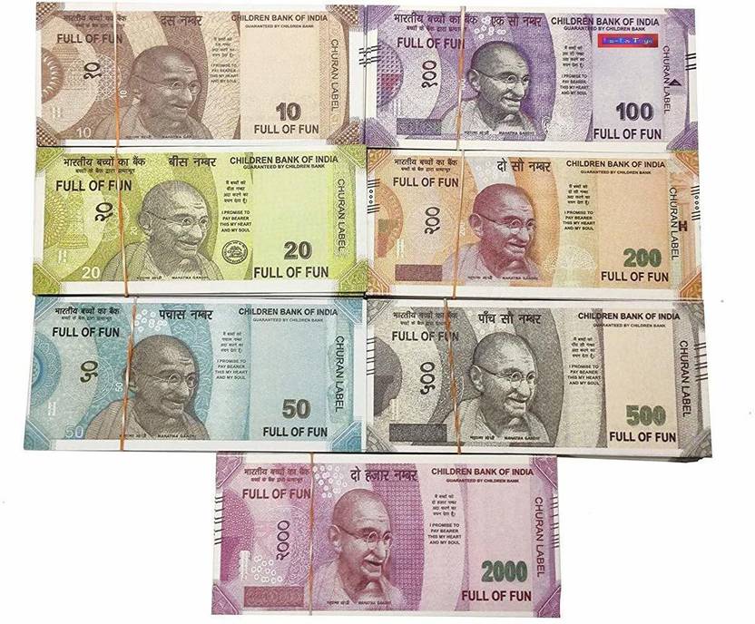 BVM GROUP Combo Gift Pack (15 Each x 7=105 Nakli Note) Playing Indian Currency dummy Notes for Fun Paper Kids churan wale Note ( Nakli Note-5,10,20,50,100,200,500,2000 ) joke fake Nakli Indian Notes Gag Toy (Multicolor) Fake note Gag Toy (Multicolor) Fake Currency Gag Toy