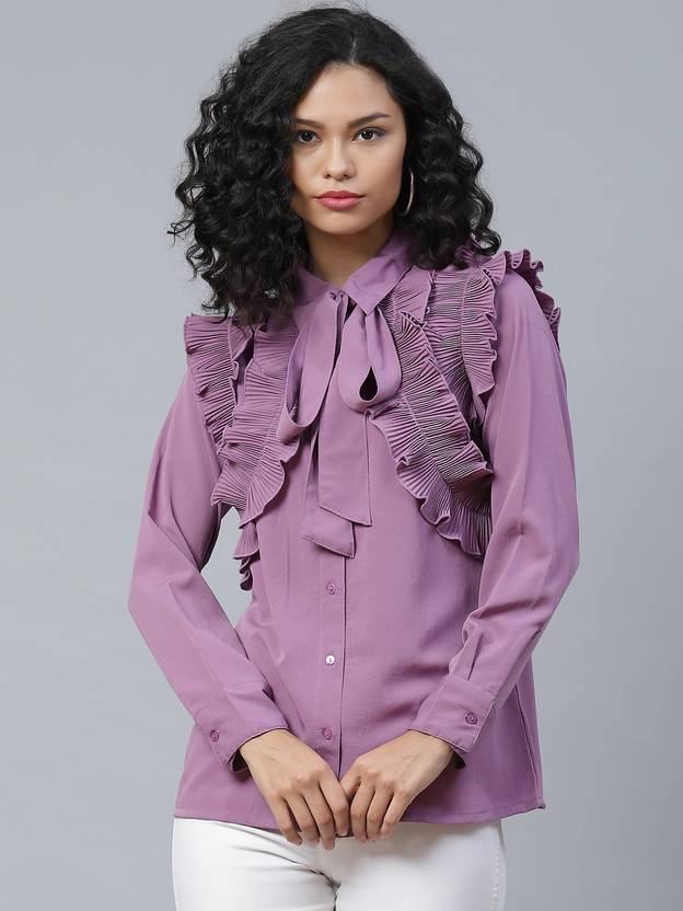 PLUSS Women Regular Fit Solid Mandarin Collar Casual Shirt
