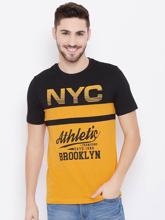 Austin Wood Men Printed Round Neck Cotton Blend Yellow T-Shirt