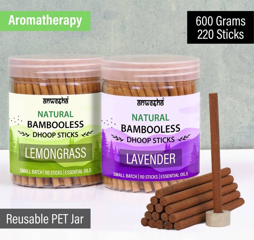 Anwesha Aromatherapy Premium Bambooless Dhoop Sticks Box - 220 Scented Incense sticks - 2 Fragrance - Lemongrass & Lavender - 600 Grams - 2 Reusable Pet Jars Lemongrass & Lavender