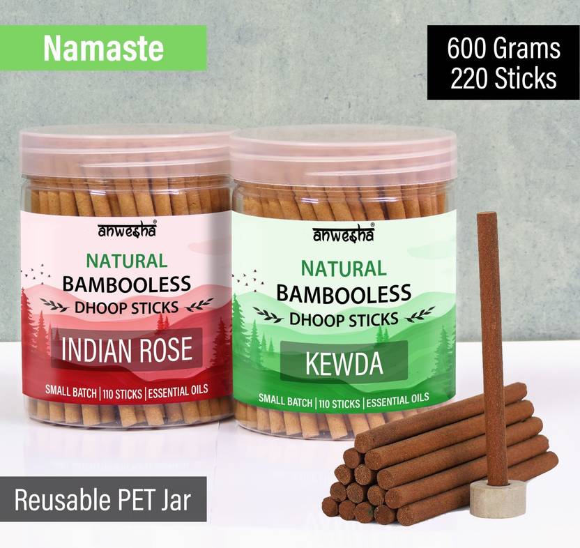 Anwesha Namaste Premium Bambooless Dhoop Sticks Box - 220 Scented Incense sticks - 2 Fragrance - Indian Rose & Kewda - 600 Grams - 2 Reusable Pet Jars Indian Rose & Kewda
