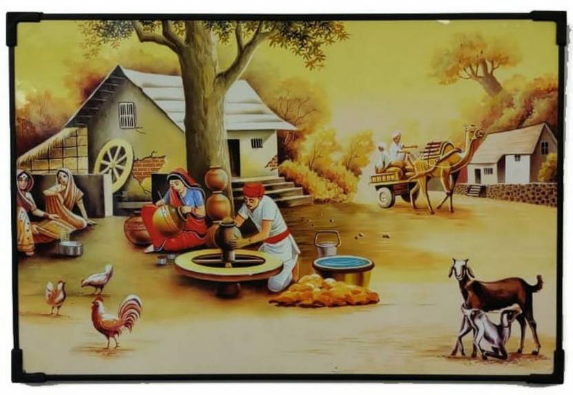 Vinjos Vastu Crafts Vastu Village Scene Painting Wooden Board Wall