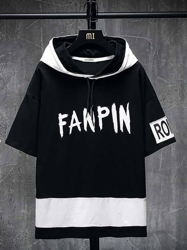 [Size S] Try This Men Colorblock Hooded Neck Cotton Blend Black T-Shirt