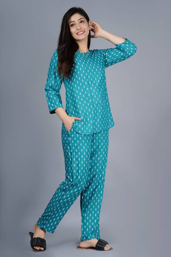 Women Top & Pyjama Set Light Blue Printed