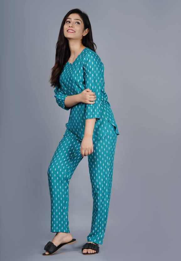 Women Top & Pyjama Set Light Blue Printed