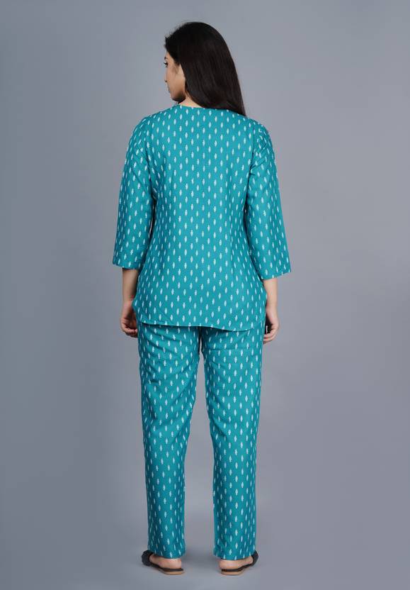 Women Top & Pyjama Set Light Blue Printed