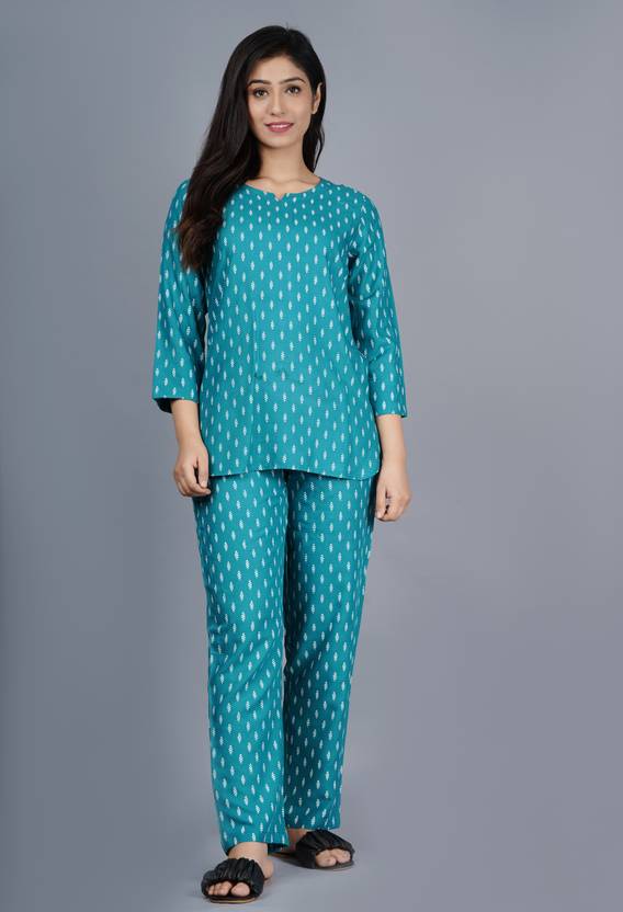 Women Top & Pyjama Set Light Blue Printed