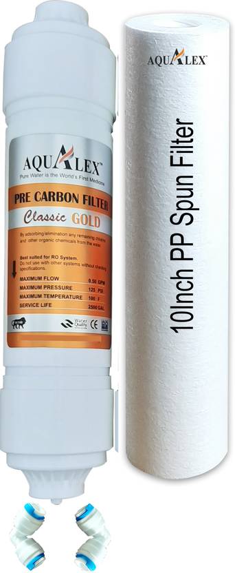 AQUALEX Pokar RO, Classic Gold Inline PRE Carbon + PP Spun Filter + 2pcs elbow ( Connector), Suitable ...