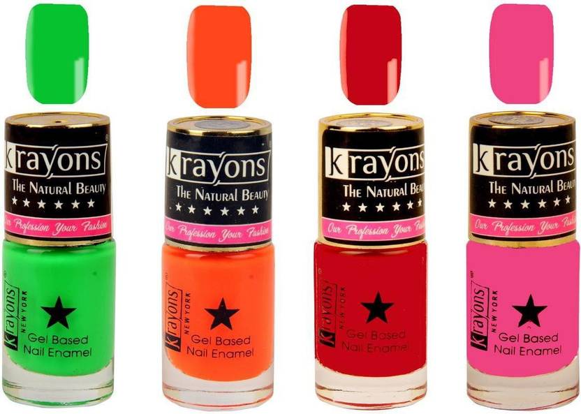 KRAYONS Gel Base Glossy Effect Nail Polish Enamel Color Combo of 4 Trendy Shades(SIGNAL RED,NEON GREEN,ANGEL PINK,NEON ORANGE) Neon Orange, Signal Red, Angel Pink, Neon Green