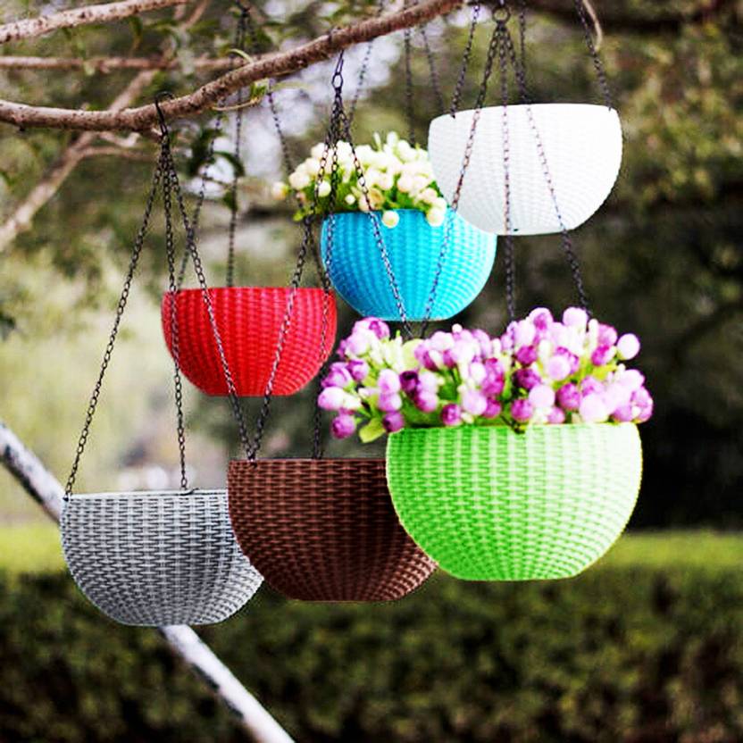 Decorzone Beautiful Woven Design Hanging Basket Plant Container Set